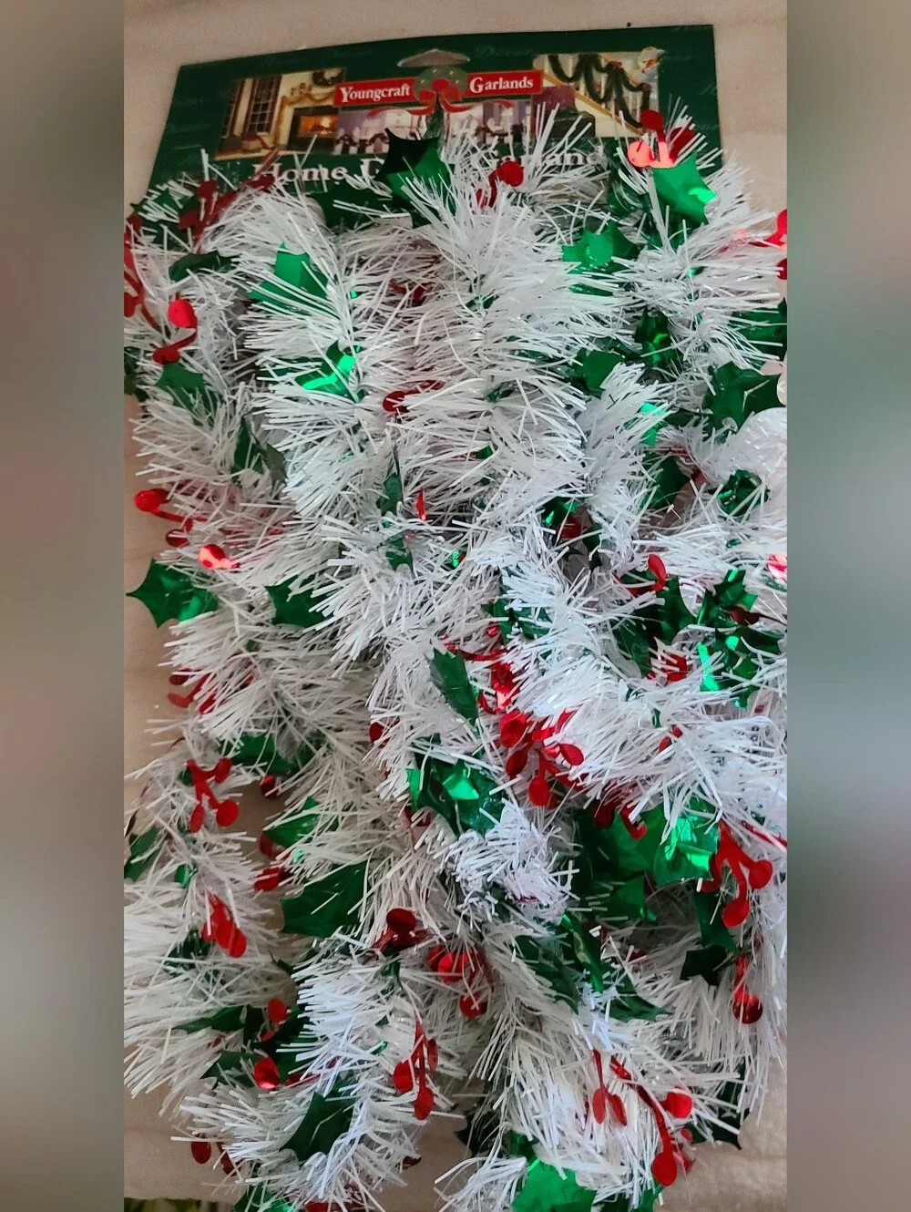 White Tinsel Garland w/Green Leaves & Red Berries & Haliogram Snowflake Garland